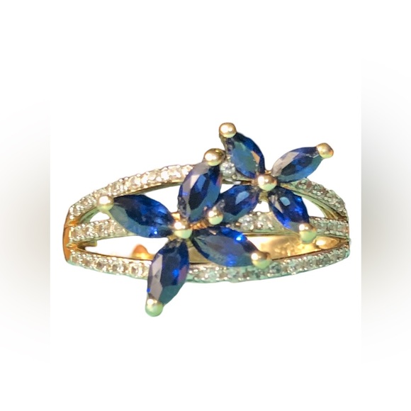 BLUE SAPPHIRE Lab Created Real Diamond Accent Gold Plated Butterfly Ring - Picture 1 of 6